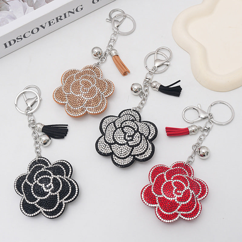 Cross‑border Creative Plum Blossom Rhinestone Keychain, Fashion Cute Bag Tassel Car Hanging Ornament Wholesale