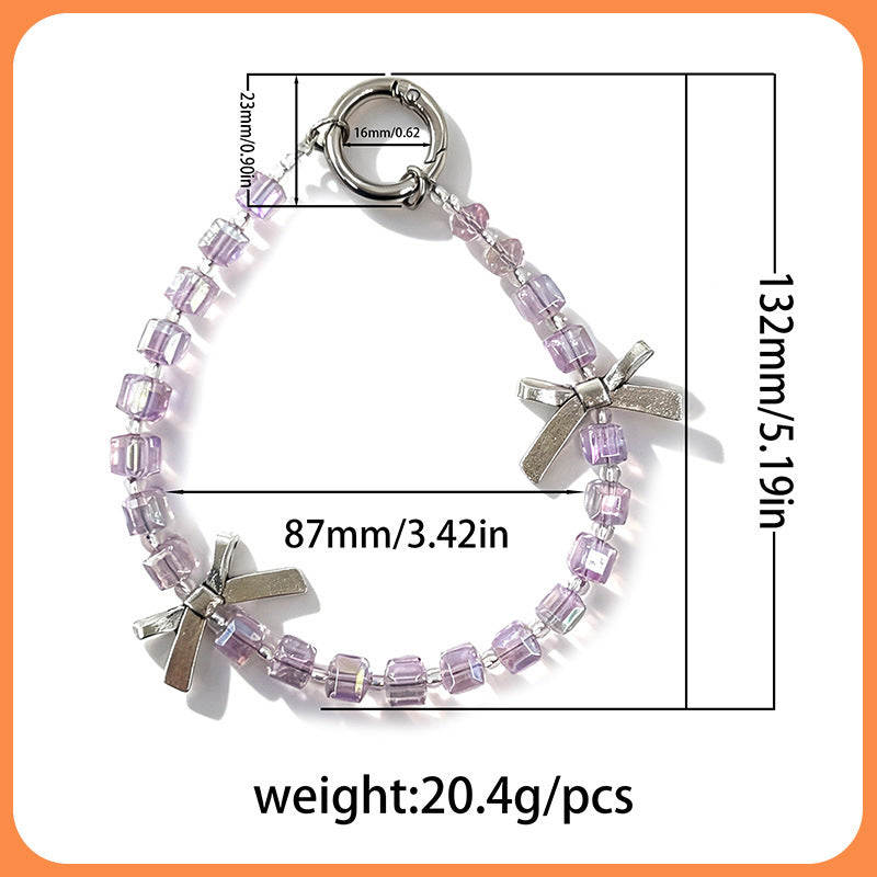 Summer Fresh‑Style Bow Beaded Phone Charm, Creative Cracked‑Bead Car Ornament, Handmade Acrylic Chain