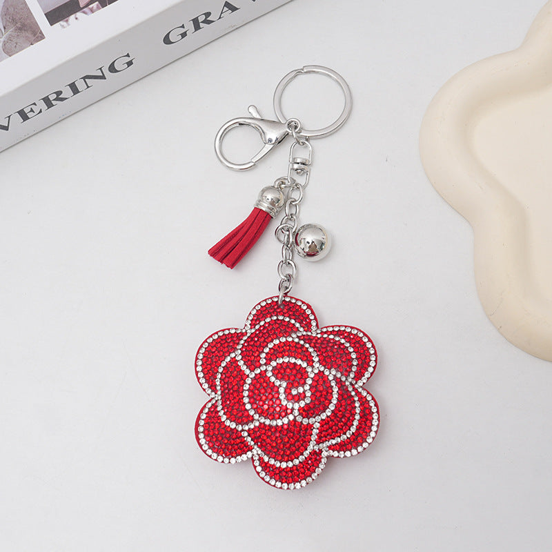 Cross‑border Creative Plum Blossom Rhinestone Keychain, Fashion Cute Bag Tassel Car Hanging Ornament Wholesale